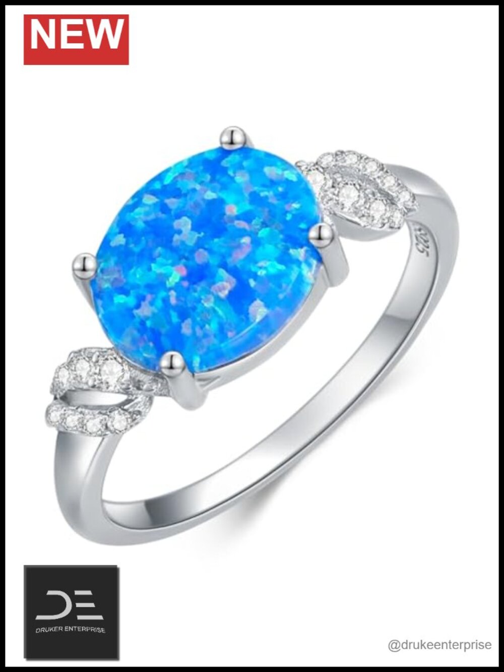 925 Sterling Silver Oval Opal Ring with Zircon Spiral Edge Statement Ring